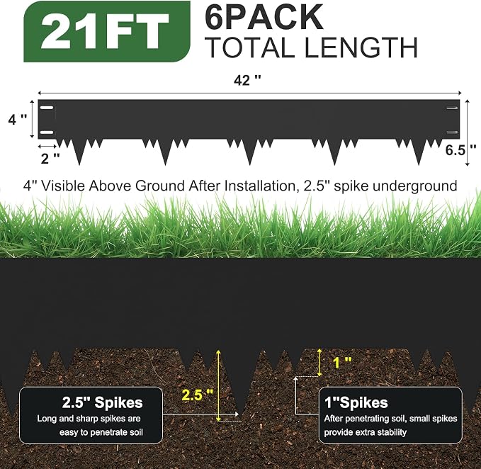 Galvanized Steel Landscape Edging Border 6 Packs 42'' L x 6.5'' H, Metal Landscape Garden Edging Border with 6 Stakes, Hammer-in Lawn Edging for Landscaping, Flower Bed, Yard, Pathway (21ft Total)
