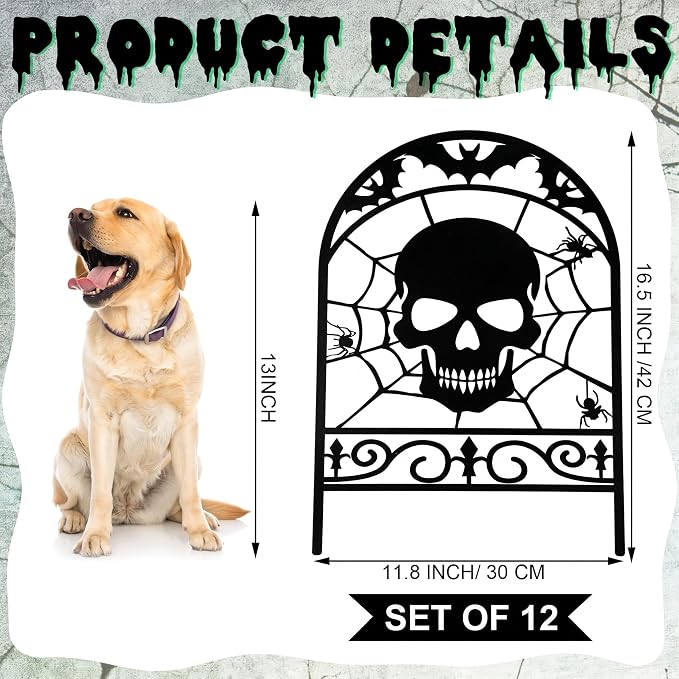 Yaocom 6 Pack Halloween Skull Fence Outdoor Decoration Spooky Graveyard Fence for Halloween Yard Party Decor, Black Metal Decorative Garden Stake Yard Sign for Lawn Porch, 16.5''H x 11.8''W