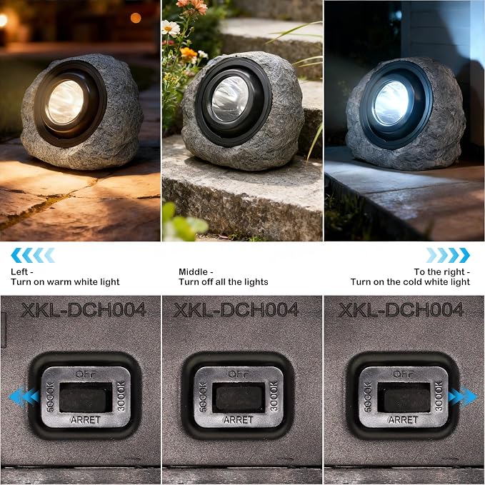 Solar Rock Lights Outdoor,2 Pack IP65 Waterproof LED Solar Ash Gray Garden Stone Spotlights,Warm White & Cool White Switchable,Auto On/Off Landscape Lights for Pathway Walkway Yard Patio