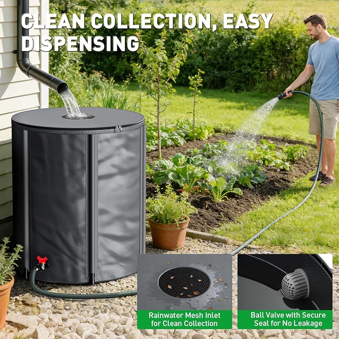 Yesker Collapsible Rain Barrel, 53 Gallon Portable Rainwater Collection System, 550D PVC Water Storage Tank, Rain Catcher with Spigots Filter Overflow Kit, Grey
