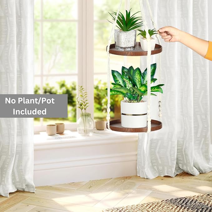 2 Tier Macrame Plant Hanger | Plant Hanger Indoor, Hanging Planter | Hanging Planter Shelf (Beige) (Large, 12" Shelf)
