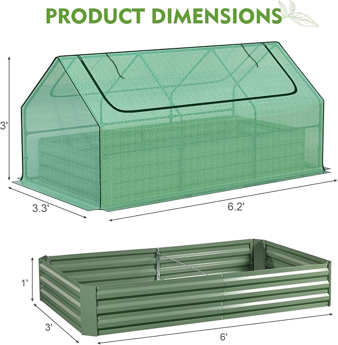 BPS Raised Garden Bed Set, 6x3x1 FT Metal Bottomless Flower Bed with PE Cover for Outdoor Planting, Green