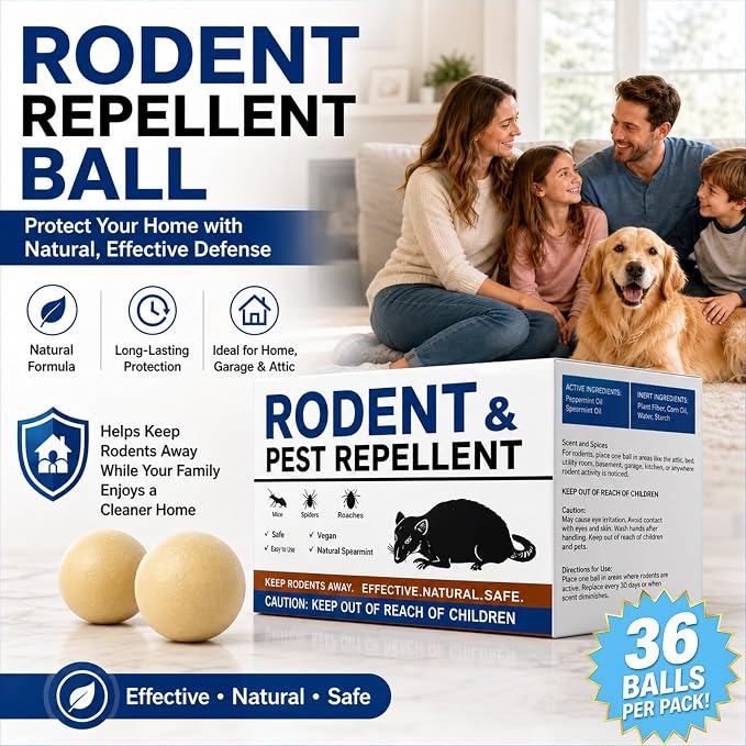 Mouse Repellent Balls 32 Pack, Peppermint Rodent Repellent for Mice and Rats, Natural Mouse Deterrent Indoor Outdoor, Long Lasting Pest Control for Home, Garage, Basement, Attic, Car