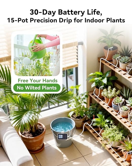 BAOSHISHAN Automatic Plant Waterer Indoor with Upgraded 2-in-1 Spray&Drip Emitter, Indoor Plant Watering System with Programmable Timer, Battery Powered Plant Watering Devices for 15 Plants