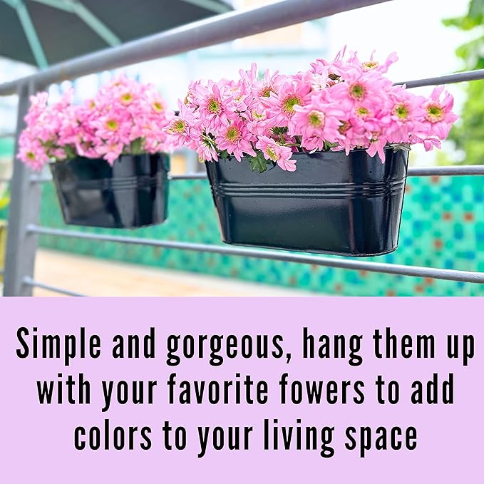LaLaGreen Bundle- 2 Pack,11.8 Inch + 4 Pack, 15 Inch Black Metal Pot Hanging Window Flower Boxes with Hook Herb Succulent Bucket Outdoor Railing Fence Deck Balcony Patio Porch Modern Boho Garden Style