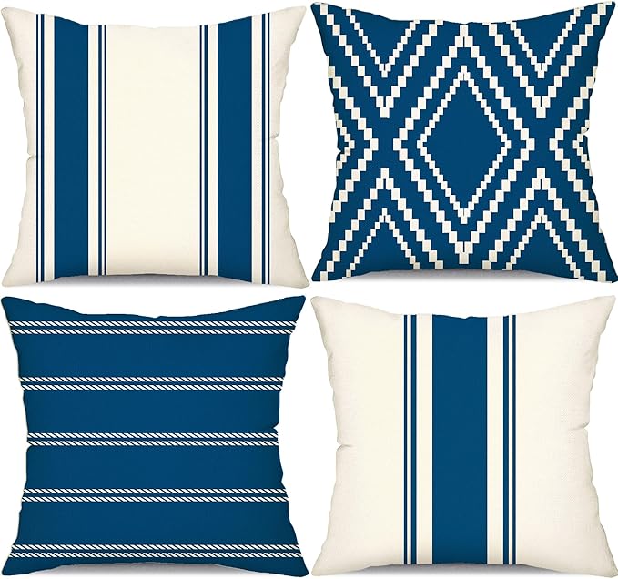 DFXSZ Outdoor Pillow Covers 18x18 Inch Set of 4 Blue Waterproof Modern Geometry Throw Pillows Outdoor Summer Waterproof Decor for Patio Funiture Garden Polyester Cushion Covers 013K18