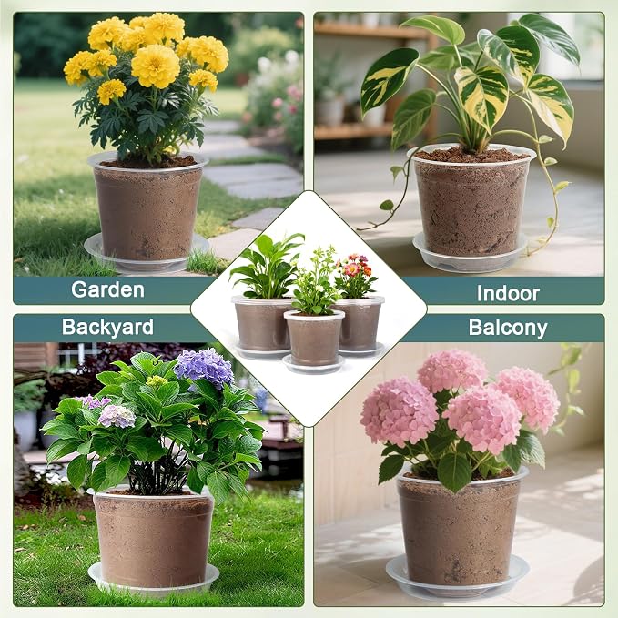 5 Pack 10 Inch Large Clear Nursery Pots with Drainage Hole and Saucers, Plastic Plant Pots for Seedlings, Flowers, Indoor Outdoor Gardening