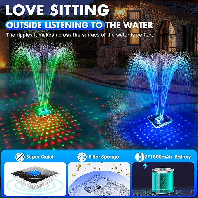 ChlorStar Upgraded Solar Fountain with Light Show,Large Solar Pool Fountain with Anchor,Square Floating Pool Fountains for Inground Above Ground Pool,Solar Water Fountains Pump for Pool-Dark Blue,1PC
