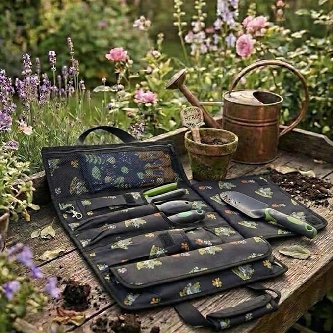 Garden Tool Bag, Roll-Up Garden Tool Holder with Deep Pockets | 900D Polyester Heavy Duty Gardening Tote | Compact Washable Organizer for Tools, Seeds, and Essentials (Tools Not Included)