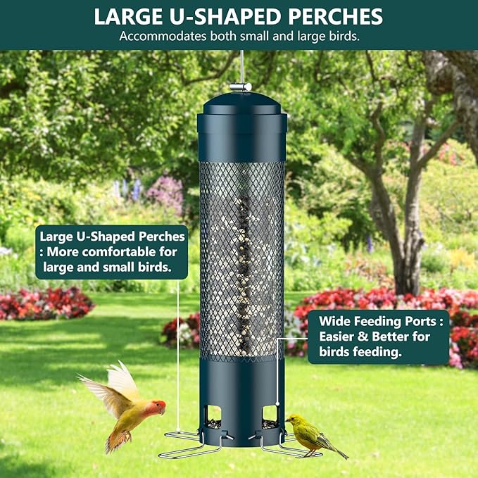 LCSEVEN Bird Feeders for Outdoors Squirrel Proof with Weight-Activated Perches, Hanging Bird Feeder for Outside, Metal Feeder for Wild Cardinal, Finch, Blue Jay, Chickadee, 3LB Seed Capacity, Green