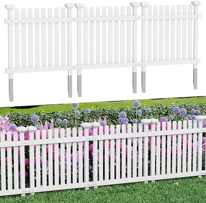 MELLCOM 2ft H x 2ft W (3 Panels) No Dig Garden Picket Fence, Decorative Privacy Fence with Metal Stakes, Garden Fence Border for Backyard, Patio & Yard, White