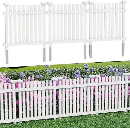 MELLCOM 2ft H x 2ft W (3 Panels) No Dig Garden Picket Fence, Decorative Privacy Fence with Metal Stakes, Garden Fence Border for Backyard, Patio & Yard, White