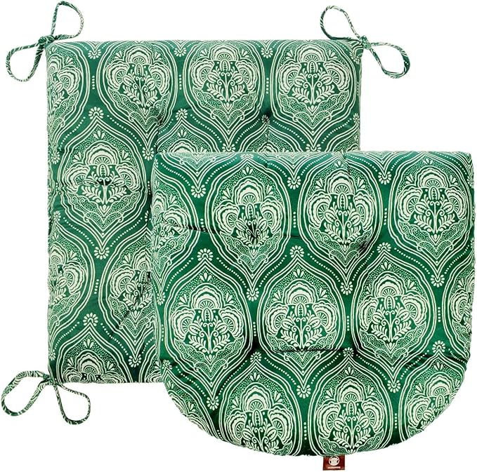 Outdoor Patio Cushion, Rocking Chair Cushion, Tufted Pads, Set of Upper and Lower with Ties Pack of 2 (2 Sets) - Back 20"×17", Seat 17"×17" (Green Lantern)