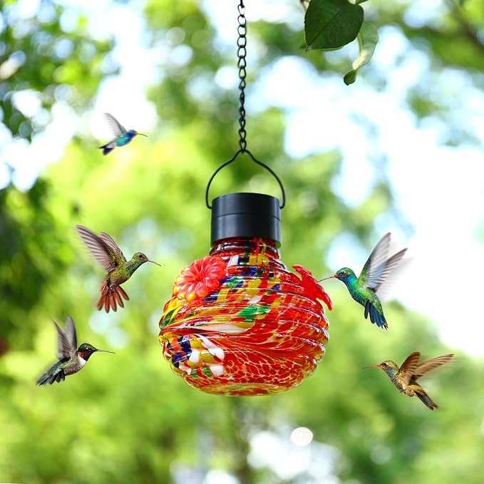 VOREEN Solar Hummingbird Feeder, Hand Blown Glass 17oz Hanging Feeder with LED Light, Waterproof & Rust-Proof Silicone Flower Ports, Decorative Garden Lantern for Outdoor Yard Patio (Multicolor)