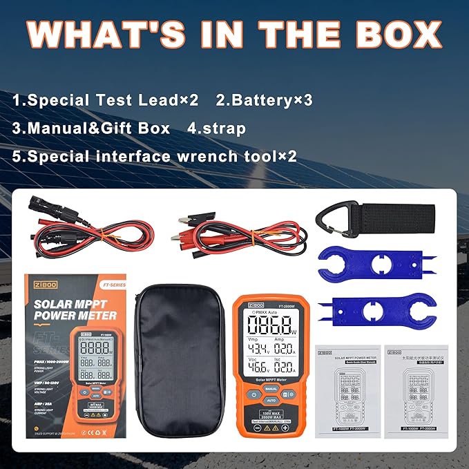 ZIBOO FT-2000W Solar Panel Tester MPPT Meter - 2000W Max Power, 150V/35A PV Module Tester for Voc/Isc, Open Circuit Voltage & Short Circuit Current, with Backlight & Data Hold