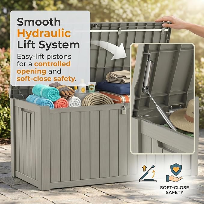 151 Gallon Resin Deck Box with Lockable Lid – Heavy-Duty Outdoor Storage for Patio Furniture, Garden Tools, Pool Accessories, BBQ Supplies – All-Weather Wood Grain Design