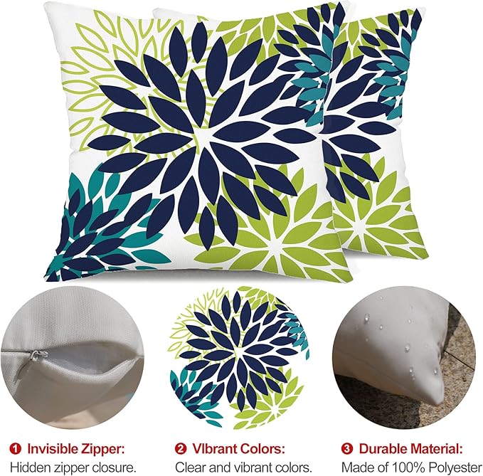 DFXSZ Navy Blue Flower Pillow Covers 18x18 Inch Set of 2 White Gray Colored Throw Pillows Outdoor Waterproof Decor for Living Room Sofa Patio Funiture Garden Floral Polyester Pillow Covers 002P18