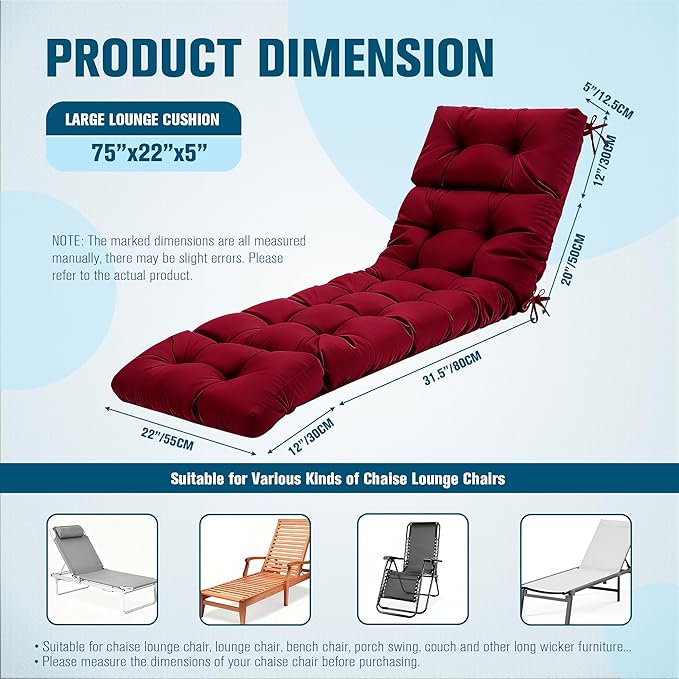 MTMR Chaise Lounge Cushion Outdoor, Non-Slip Chair Cushion for Patio Furniture, Waterproof Outdoor Replacement Seat Pad for Pool Lawn Wicker Couch Bench Loveseat, Long Thick Lounge Cushion, Burgundy