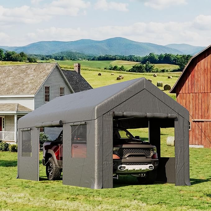 COSIEST 10'×20' Storage Shelter Outdoor Gable Roof Carport with Removable Side Walls, Heavy-Duty Garage Canopy Weatherproof PE Cover, Multi-Purpose Vehicle/Tractor Shed for Backyard/Driveway/Farm