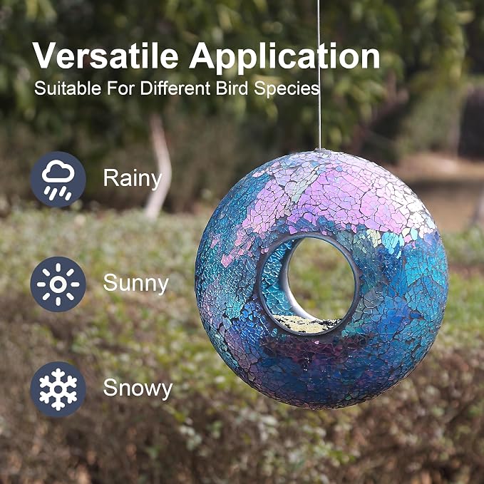 Fly Through Wild Bird Feeder Garden Hanging Bird Feeder Mosaic Circle Squirrel Proof for Outdoor Decoration,Blue
