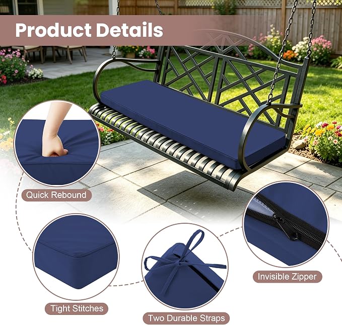 Outdoor Bench Cushions for Outdoor Furniture, 59x18 Inch, Waterproof Patio Furniture Cushion, Fade Resistant Bench Cushions for Porch Swing, Long Bench, Indoor, Navy Blue