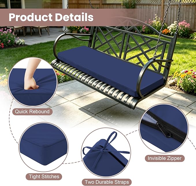 Outdoor Bench Cushions for Outdoor Furniture, 45x18 Inch, Waterproof Patio Furniture Cushion, Fade Resistant Bench Cushions for Porch Swing, Long Bench, Indoor, Navy Blue