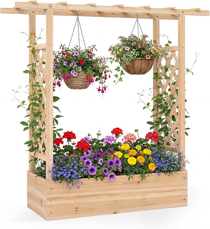 HAPPYGRILL Raised Garden Bed with Trellis & Hanging Roof, 45" Tall Wooden Planter Box with Drainage Holes, Outdoor Wood Elevated Garden Bed for Climbing Plants Vines Vegetables Flowers (Natural,1)
