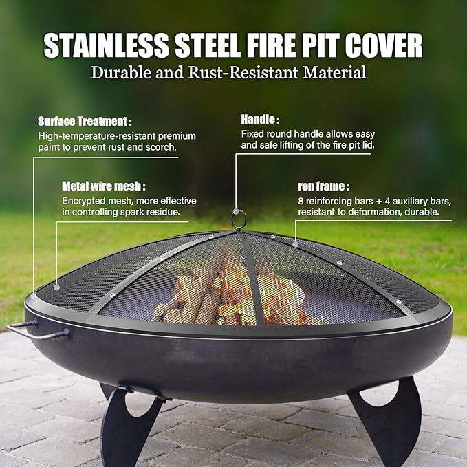 Fire Pit Spark Screen, 40Inch Fire Pit Lid Outdoor with Handle & Poker, Heavy-Duty Mesh Firepit Cove with 12 Reinforced Bars for Backyard/Beach/RV Camping