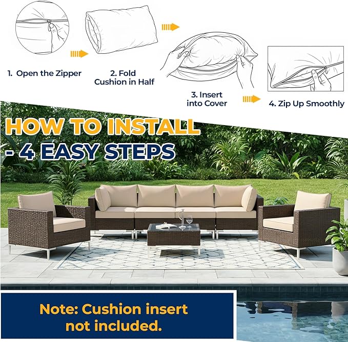 HOMREST 14-Piece Outdoor Cushion Covers Set for Patio Furniture, Reversible Double-Sided Sofa Slipcovers with Zipper, Water-Repellent Replacement Covers Only (Khaki, 25.6×25.6×3.9in)