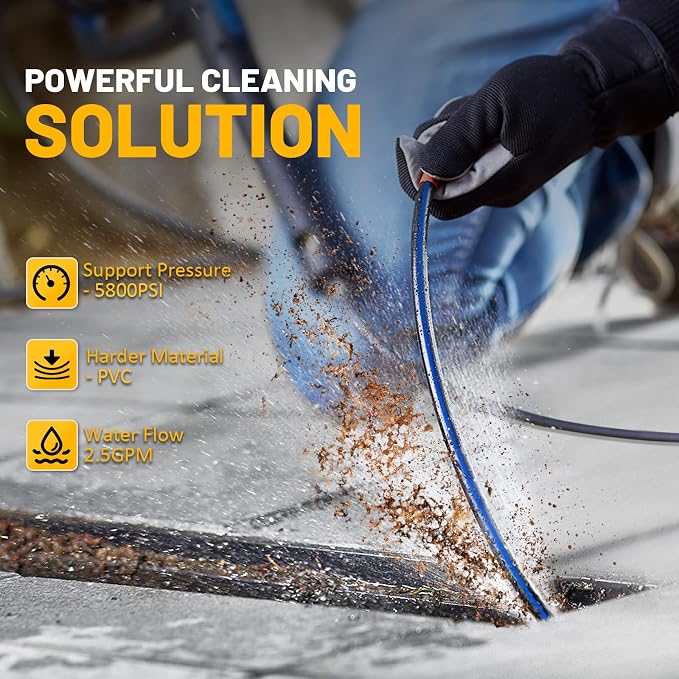 Sewer Jetter Kit for Pressure Washer 50ft – 5800PSI Drain Jetter Hose 1/4 Inch NPT Corner with Watering Spray Nozzle, Rotating and Button Hose Sewer Jetting Nozzles & Easy-to-Store Strap
