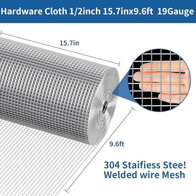 304stainless Steel Welded Wire Mesh, 1/2 Inch Hardware Cloth, Chicken Wire Fence Mesh Cage Poultry Garden Plant Support Containment Fence(15.7in×9.6ft)