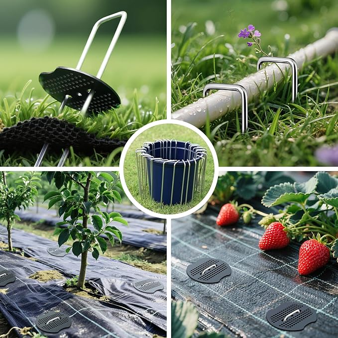 200Pcs Garden Staples +200Pcs Gasket +Pick Hook +Rubber Mallet, 6 Inch Landscape Fabric Stakes Galvanized Weed Barrier Stakes 11 Gauge Landscape Pins U Shape Lawn Staples for Yard, Turf, Sod, Weed Mat