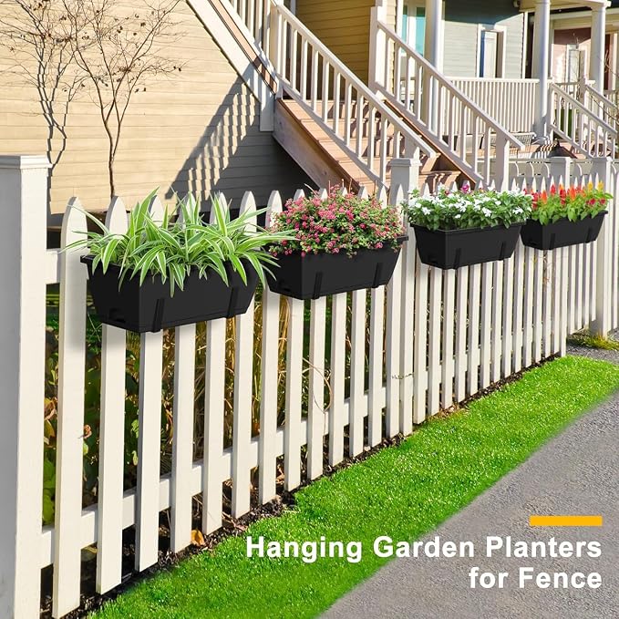 Balcony Planters Railing Hanging, Deck Railings Planter Boxes 16.9in, Railing Planter Box, Deck Planters for Railings, Railing Flower Box with Metal Brackets, Black (4Pcs)