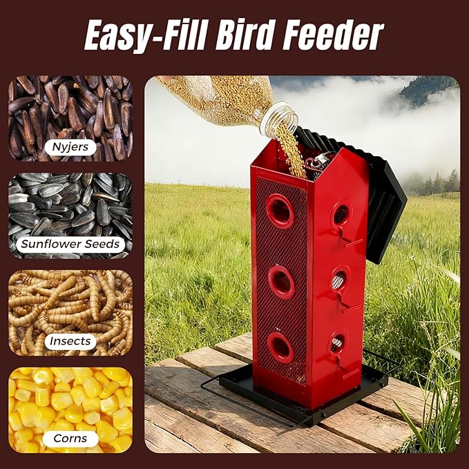 All Metal Bird Feeder for Outdoors Hanging | 14-Port Multi-Bird Viewing | Rust-Proof, Waterproof & Easy-Clean | Attracts Cardinals, Finches, Chickadees & More (Cardinal with Black Base)