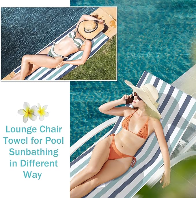 Fumete 2 Pack Lounge Chair Covers 30 x 85 Inch Pool Chaise Lounge Towels Microfiber Beach Chair Towel Portable Striped Outdoor Patio Furniture Cover for Sunbathing Picnic Spa(Blue and Green)