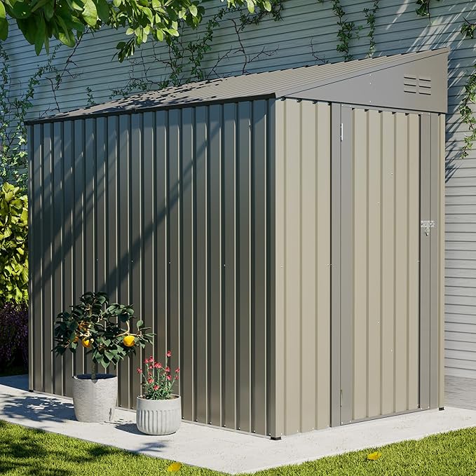 YOPTO 4x7 FT Outdoor Storage Shed Lean to Shed,Metal Shed W/Lockable Door & Air Vent,All Weather Waterproof Garden Tool House W/Reversible Installation,for Backyard,Patio,Lawn,Olive Gray