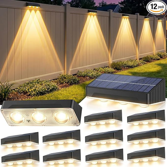 Solar Fence Lights Outdoor 12 Pack Upgraded High Brightness 3 LED Spot Lens Waterproof Deck Lights 7 Mode Warm&Cool White RGB Solar Powered Wall Lighting Decor for Outside Patio Step Backyard Railing