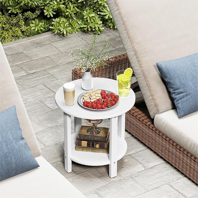 HDPE Outdoor Side Table for Patio, 18.1-Inch Weatherproof Small Outdoor Table for Adirondack, 2-Tier Round End Table for Garden Backyard Porch Deck Balcony Poolside (White)