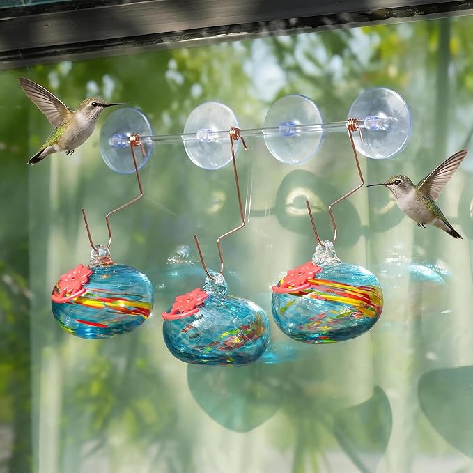 QFkris Set of 3 Blown Glass Hummingbird Feeder with Suction Cups for Window, Small Hummingbird Feeder with Flower Feeding Ports for Outside Garden Backyard Decor, Gifts for Women Mom(Blue)