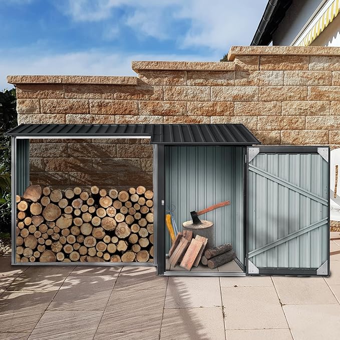 Ball & Cast 106.5" Outdoor Steel Firewood Rack Metal Storage Shed with Door and Reinforced Base,Multi-Functional 2 in 1 Waterproof Cabinet W/Roof,for Equipment Machines,Black