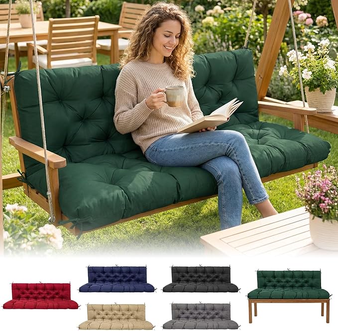 Waterproof Porch Swing Cushions 60 Inch,2 3-Seater Replacement for Outdoor Furniture with Backrest and Straps, Thick 4" Swing Seat Bench Cushion for Loveseat Glider Bench Patio Lawn Backyard