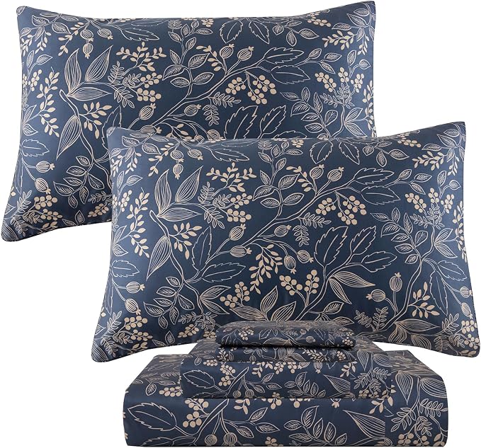 QSH Floral Egyptian Cotton Sheets Queen Size - Elegant Navy Botanical Pattern Printed Bedding Sheets Queen Size Bed Extra Soft and Breathable 4pcs Deep Pockets Bed Sheets
