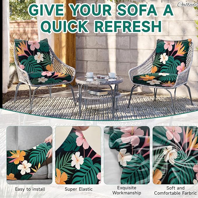 CALBODE 12 Pcs Stretch Outdoor Seat Cushion Covers, Washable Chair Seat Covers for Patio Furniture Cushions Soft Indoor and Outdoor Couch Cover Replacement (Dark Green Botanical, Cover Only)