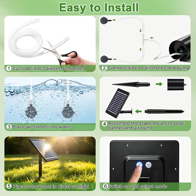 4W Solar Pond Aerator, Solar Aquarium Air Pump with 2 Air Stones, Three Working Modes, Solar Pond Oxygen Pump for Fish Tank, Outdoor Small Pond, Hydroponics