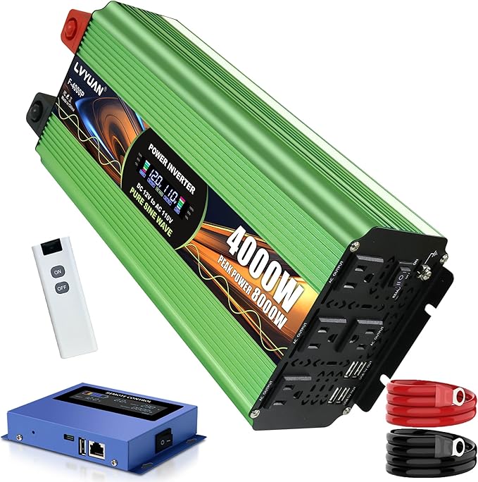 4000 Watt Pure Sine Wave Inverter, DC 12V to 120V AC Power Inverter for Vehicle, RV, Truck, Off-Grid, Car Power Inverter with 4 AC Outlet, 20W USB-C, 5V/3.1A USB, Remote & Panel Control, Surge 8000W