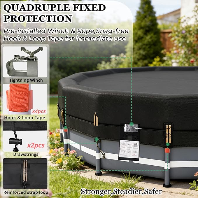 QH.HOME 550D 15 ft Pool Cover Round[Upgraded Tear Resistant & Quadruple Windproof] wth Pre-Installed Patented Winch and Rope, Pool Covers for Above Ground Pools-Snug Fit & Waterproof Protection