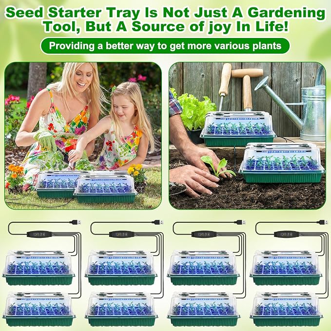 8 Pack Starter Tray with Light, 320 Cells Sprouting Kit Seedling Tray with Humidity Domes, Remote, Timer, Adjustable Light & Gloves, Starter for Indoor Greenhouse