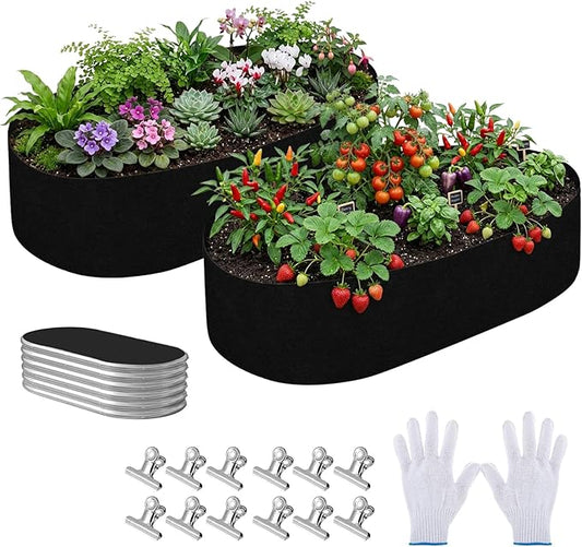 2 Sets Raised Garden Bed Liner Bag, 4 x 2 x 1 ft Oval Breathable Grow Bed Fabric Liners with Clips Gloves, Garden Grow Bed Bag Grow Planter Bags Plant Bed for Planting Vegetables Flowers and Herbs