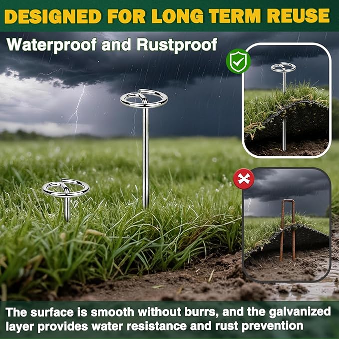 50 PCS Landscape Fabric Staples Pins,Heavy Duty Circle Top Landscape Fabric Stakes, 6 inch Galvanized Weed Barrier Stakes Pins with Removal Tool,Reusable Garden Staples for Weed Barrier Fabric
