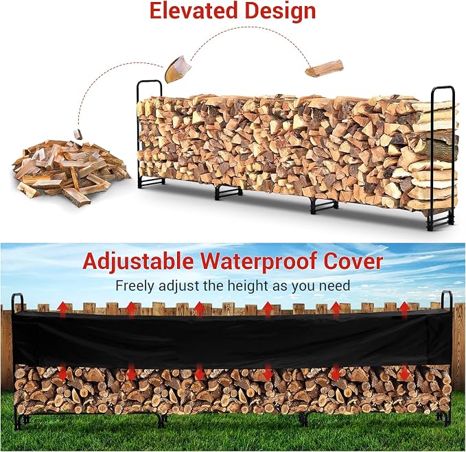PeakPursuit 12FT Firewood Rack Outdoor with Waterproof Cove, Heavy Duty Logs Holder for Indoor Fireplace Metal Wood Pile Storage Stacker Organizer, Black
